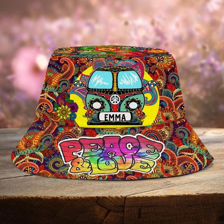 Customized Hippie Car Bucket Hat for Girl, Custom Name Colorful Hippie Girl Hats