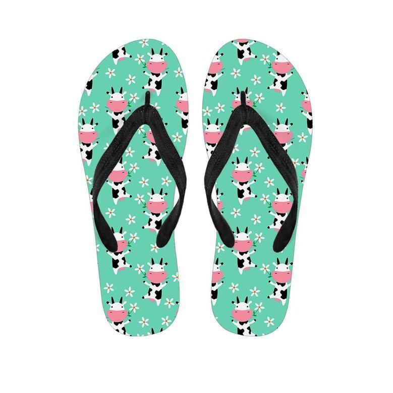 Cute Cow Floral Print Men's Flip Flops