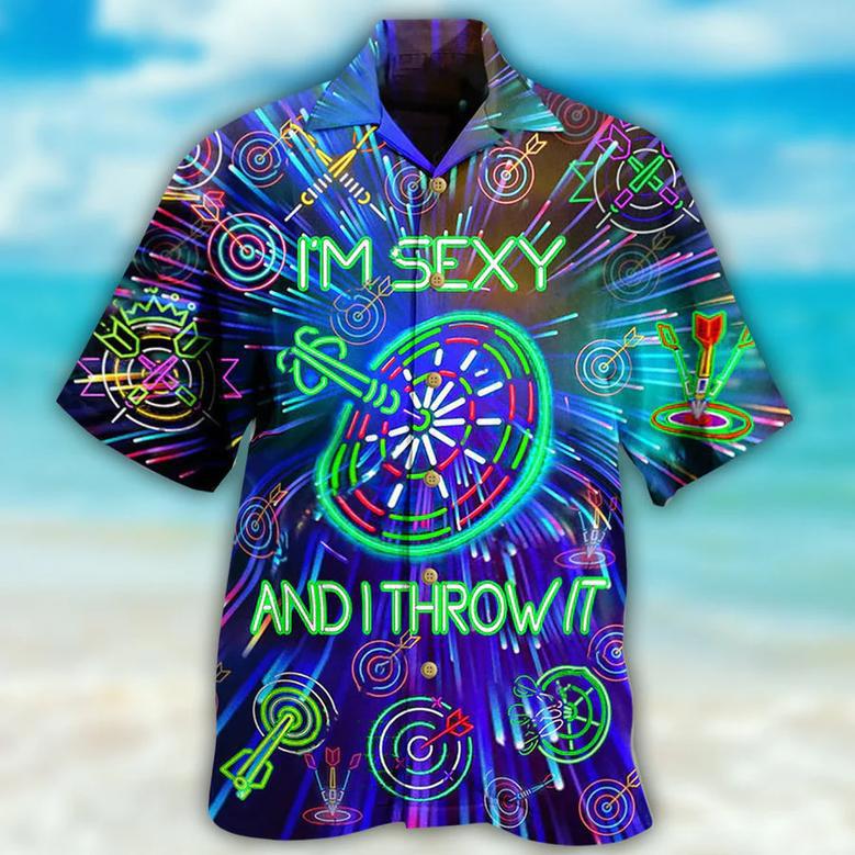 Darts I'm Sexy And I Throw It Hawaiian Shirt, Dart Neon Sign Bright Royal, Dart Hawaiian Shirt