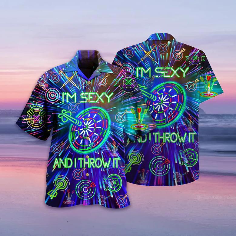 Darts I'm Sexy And I Throw It Hawaiian Shirt, Dart Neon Sign Bright Royal, Dart Hawaiian Shirt