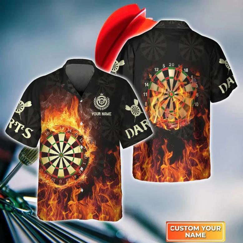 Darts On Fire Personalized Name Hawaiian Shirt, Gift For Darts player, Dart Hawaiian Shirt