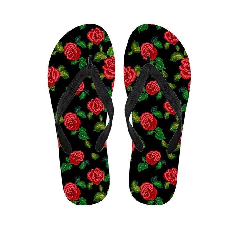 Embroidery Red Rose Floral Print Men's Flip Flops