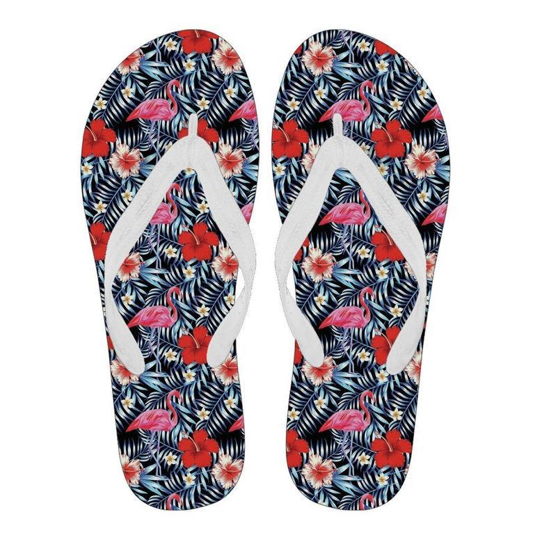 Flamingo Hawaiian Floral Tropical Flower Hibiscus Palm Leaves Pattern Print Men & Women Flip Flops