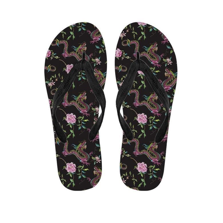 Floral Janpanese Dragon Print Men's Flip Flops