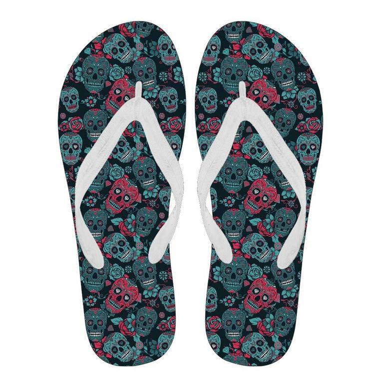 Floral Rose Sugar Skull Skeleton Girly Pattern Print Men & Women Flip Flops