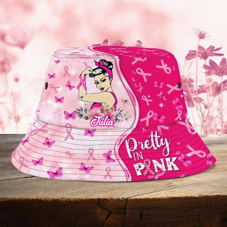 Funny Breast Cancer Awareness Bucket Hat for Women, Girl, This bitch kicked Cancer Hat