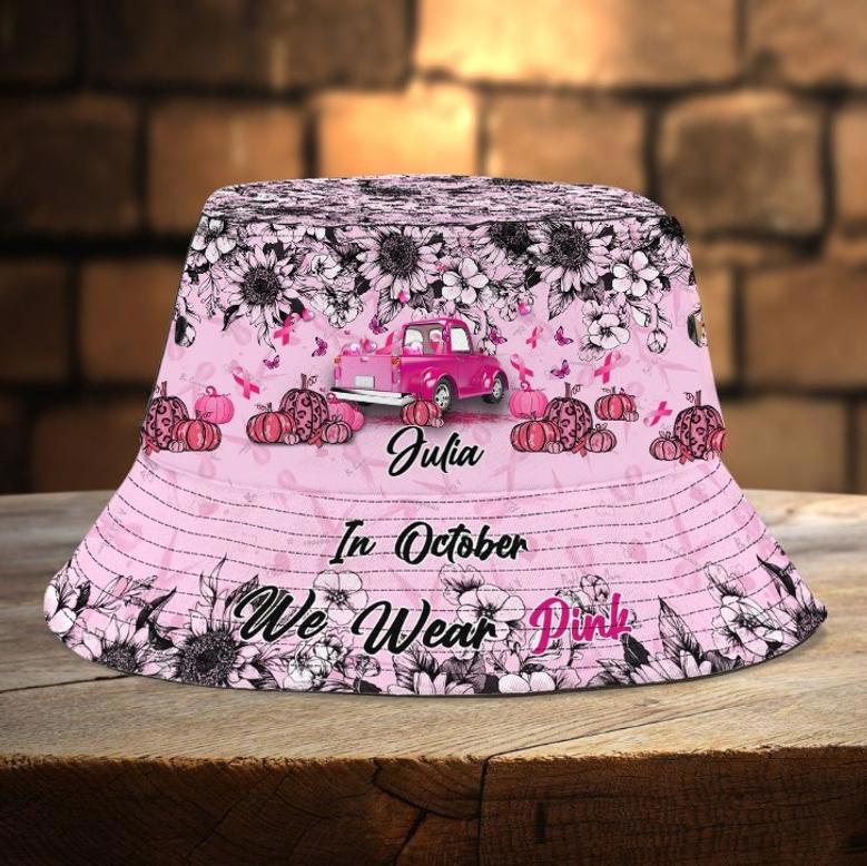 Funny Breast Cancer Awareness Bucket Hat for Women, Girl, This bitch kicked Cancer Hat