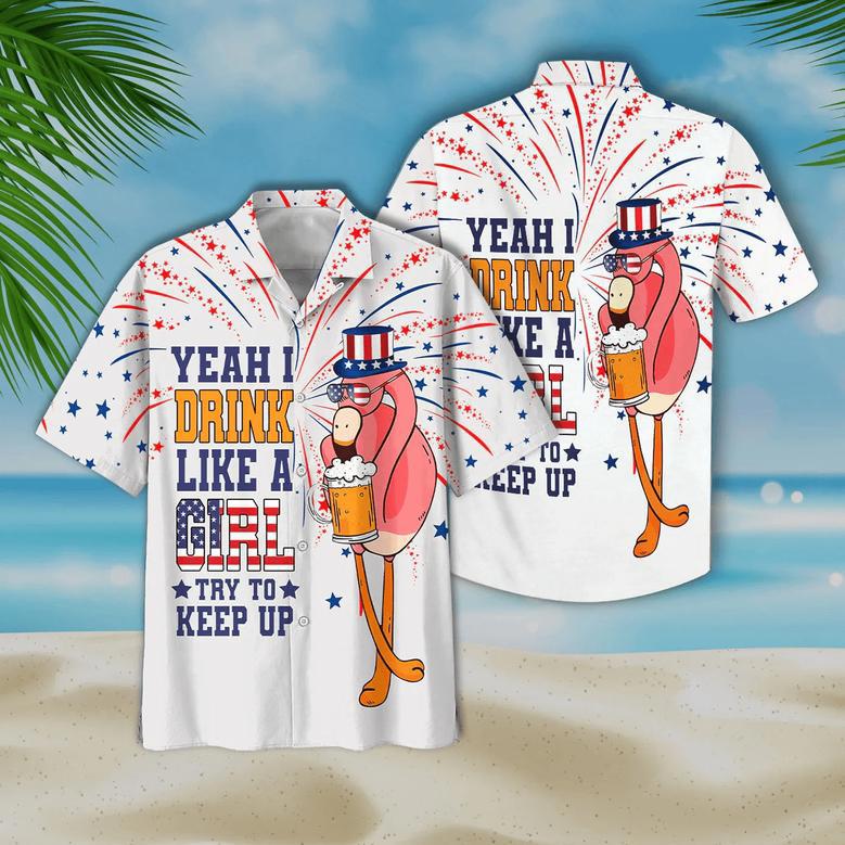 Funny Flamingo Aloha Hawaiian Shirt, Flamingo Drinking Beer Aloha Shirt, Independence Day Gifts