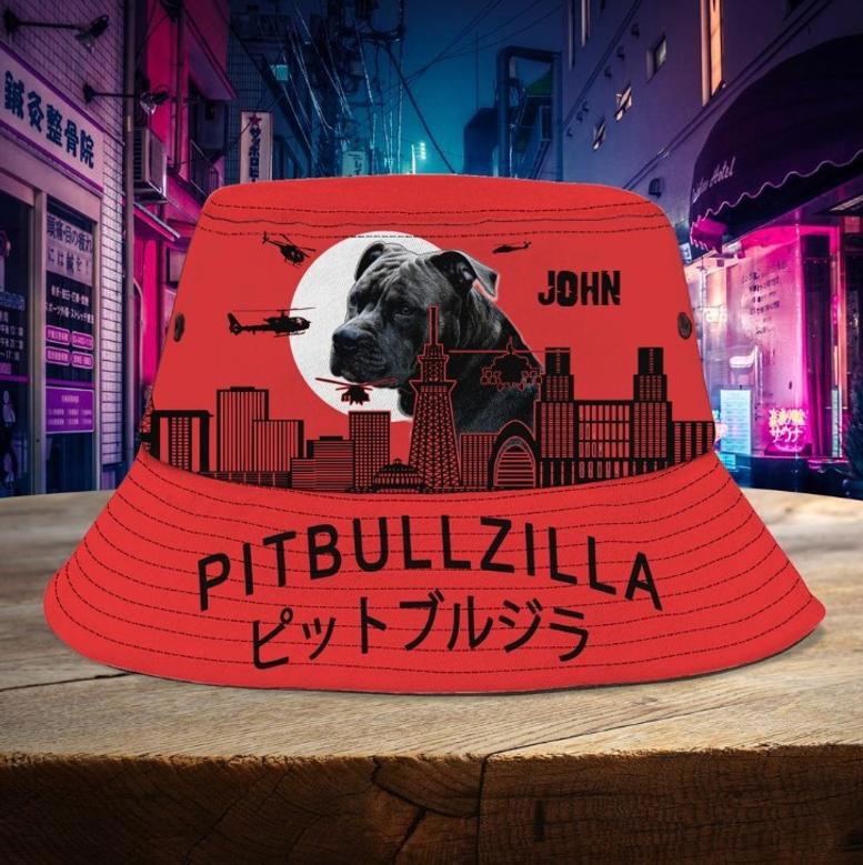 Funny Pitbull Bucket Hat for Men, Women, Pitbullzilla Custom Name Hats for Pitbull Lovers