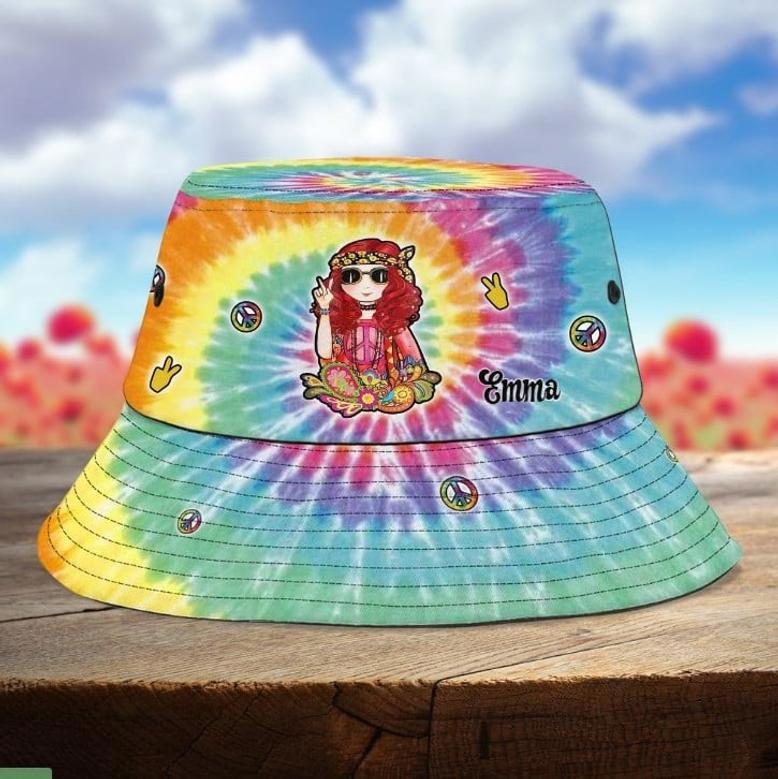 Funny Yoga Hippie Girl Bucket Hat, Love Peace Light Hippie Girl Hat foe Girl