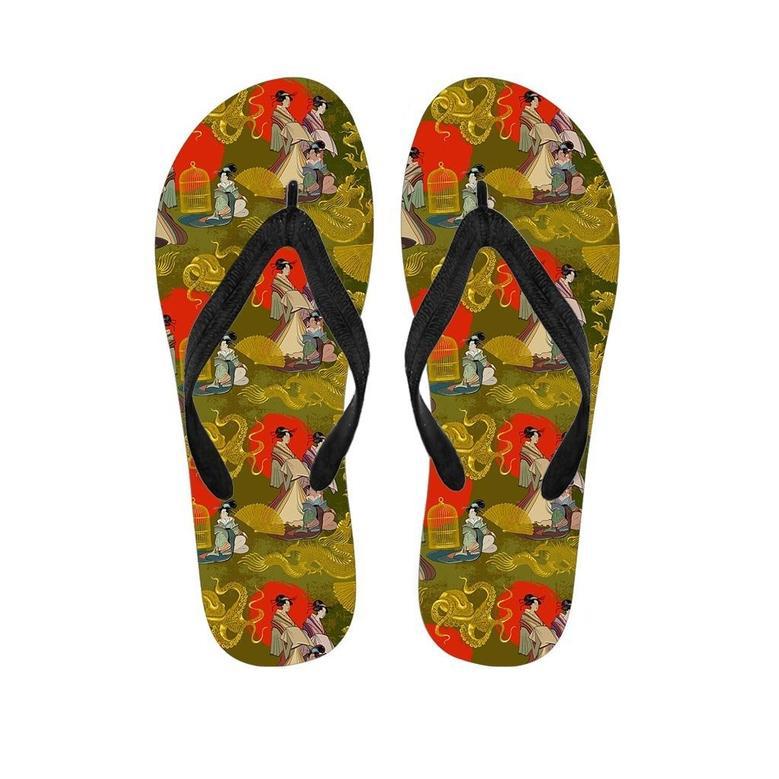 Geisha Japanese Dragon Print Men's Flip Flops