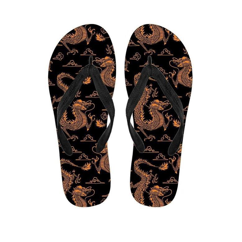 Gold Janpanese Dragon Print Men's Flip Flops