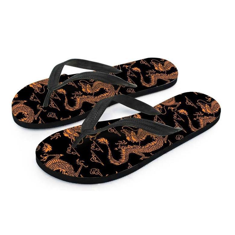 Gold Janpanese Dragon Print Men's Flip Flops