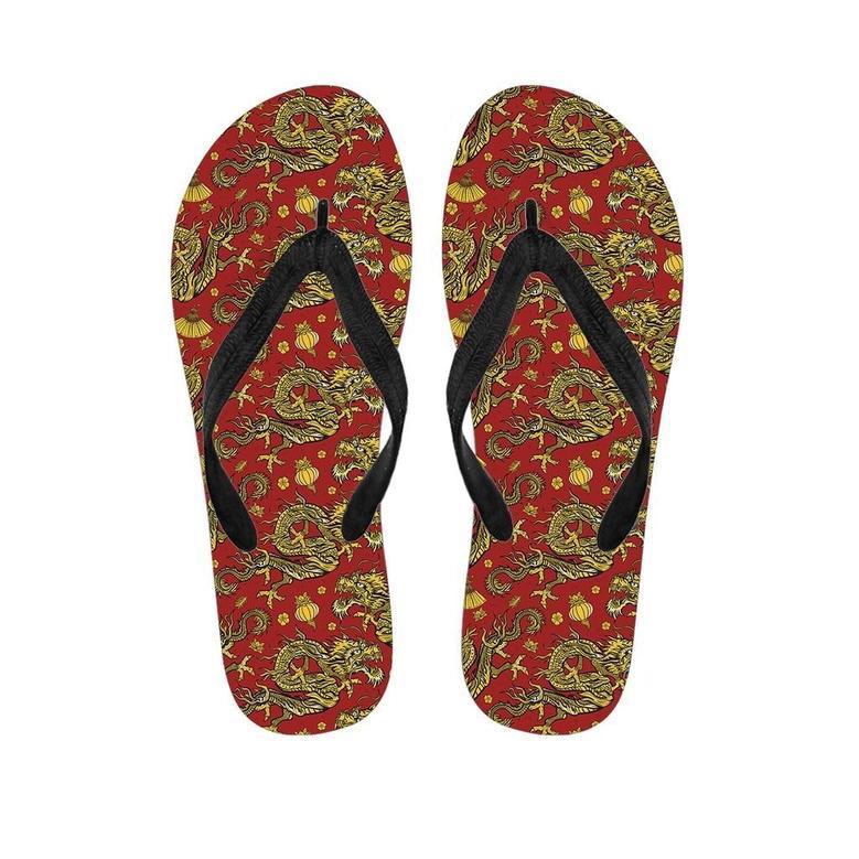 Golden Chinese Dragon Floral Print Men's Flip Flops