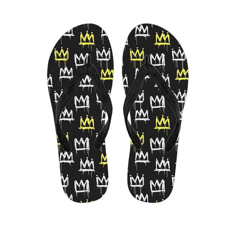 Graffiti Hiphop White And Yellow Crown Print Men's Flip Flops