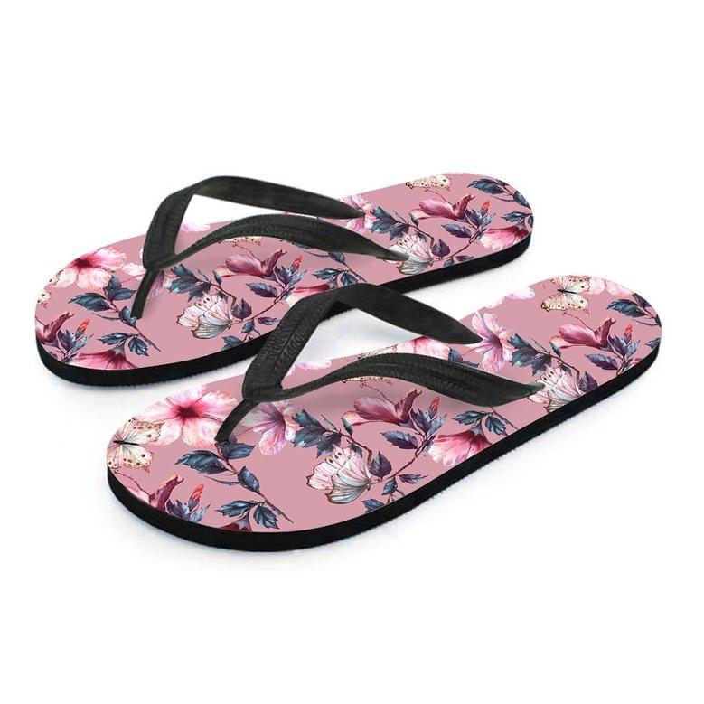 Hand Drawn Hibiscus Print Men's Flip Flops