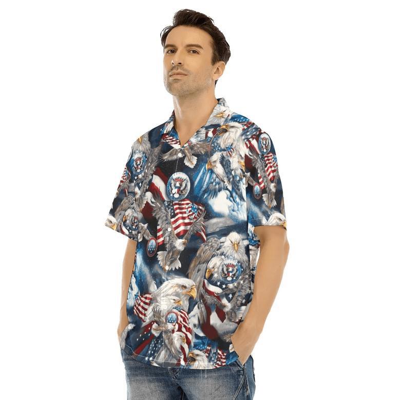 Hawaiian Camp Collar Short Sleeve Button-Down Shirt Eagles Americana, Independence Day Hawaii Shirt