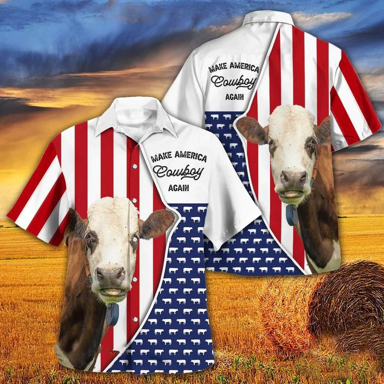 Independence Day Fleckvieh Cattle Make America Cowboy Again With American Flag Pattern Hawaii Hawaiian Shirt