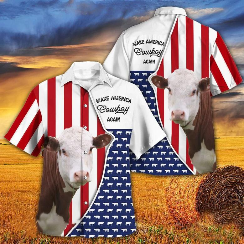 Independence Day Hereford Cattle Make America Cowboy Again With American Flag Pattern Hawaii Hawaiian Shirt