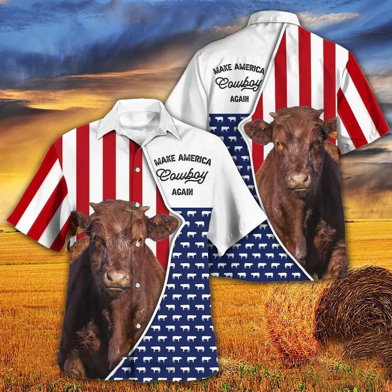 Independence Day Shorthorn Cattle Make America Cowboy Again With American Flag Pattern Hawaii Hawaiian Shirt