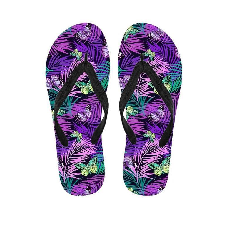 Neon Purple Tropical Palm Tree Butterfly Print Men's Flip Flops