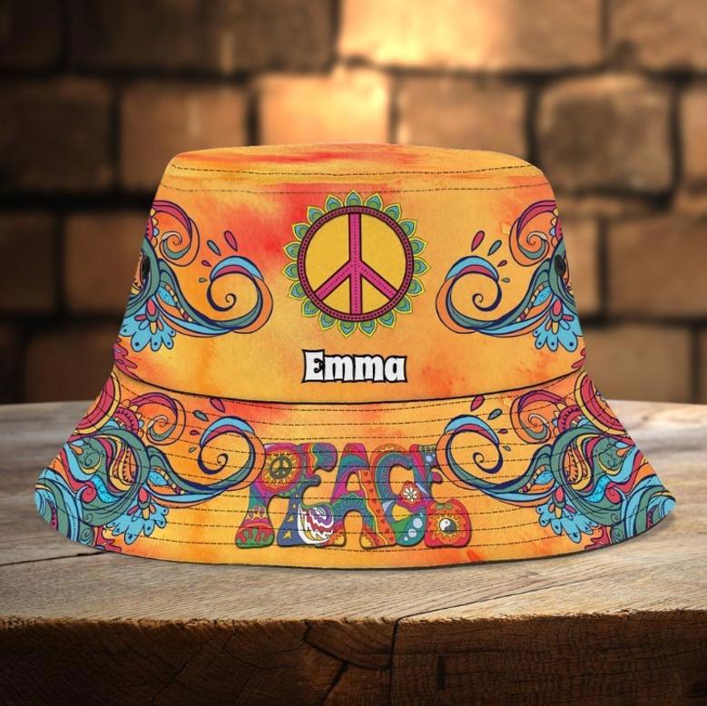 Personalized Colorful Hippie Peace Art Bucket Hat, Custom Name Hippie Girl Poppy Leaves Hats