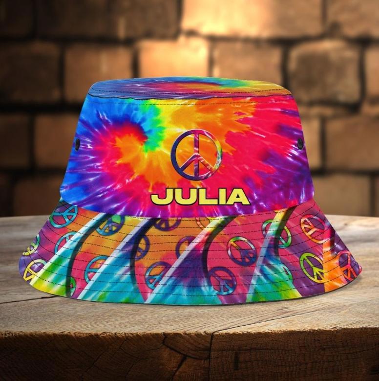 Personalized Colorful Hippie Peace Art Bucket Hat, Custom Name Hippie Girl Poppy Leaves Hats