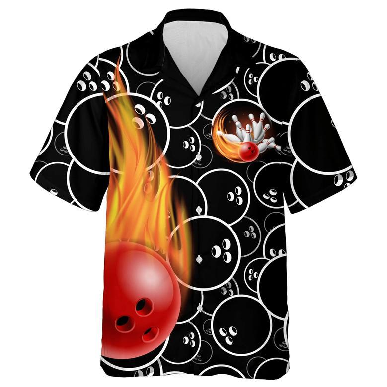 Personalized Flame Hawaiian Bowling Shirt, Men Women Skull Pins Black Bowlers