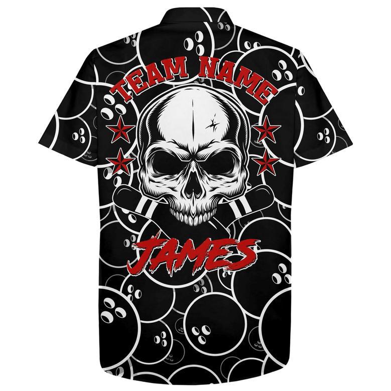 Personalized Flame Hawaiian Bowling Shirt, Men Women Skull Pins Black Bowlers