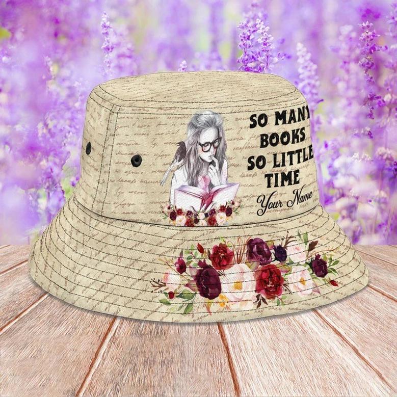 Personalized Floral Book Lovers Bucket Hat for Girl, Women, So Many Books So Little Time Library Hats