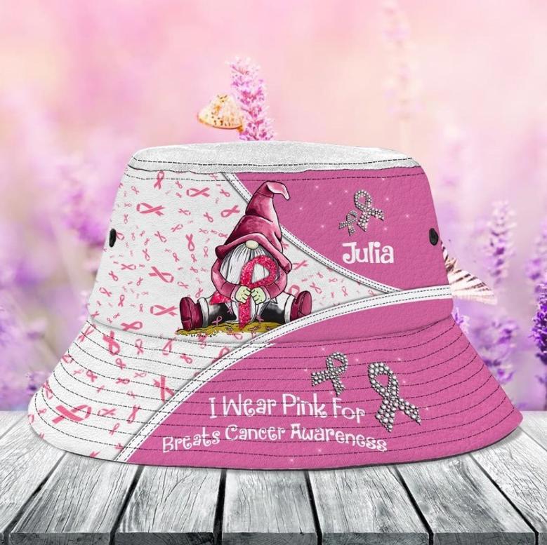 Personalized Gnome I Wear Pink for Breast Cancer Awareness Bucket Hat for Women, Girl