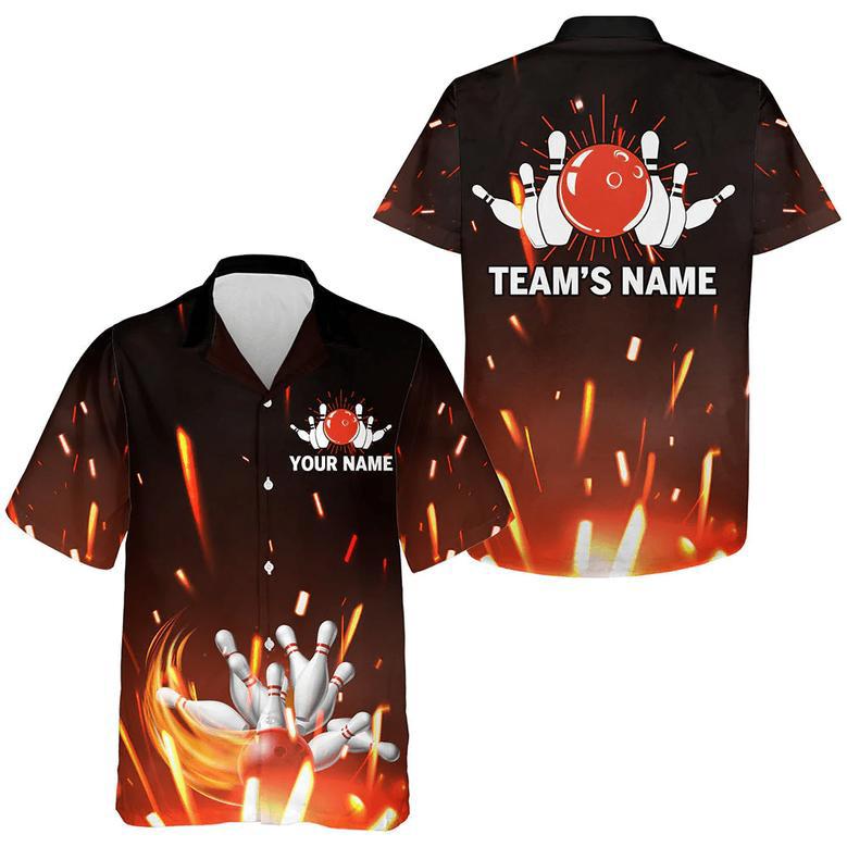 Personalized Hawaiian Bowling Shirt Flame Bowling Ball and Pins Short Sleeve Team Bowlers