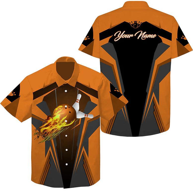 Personalized Hawaiian Bowling Shirts Flame Bowling Ball And Pins, Bowling Shirt For Men Bowlers Multicolor