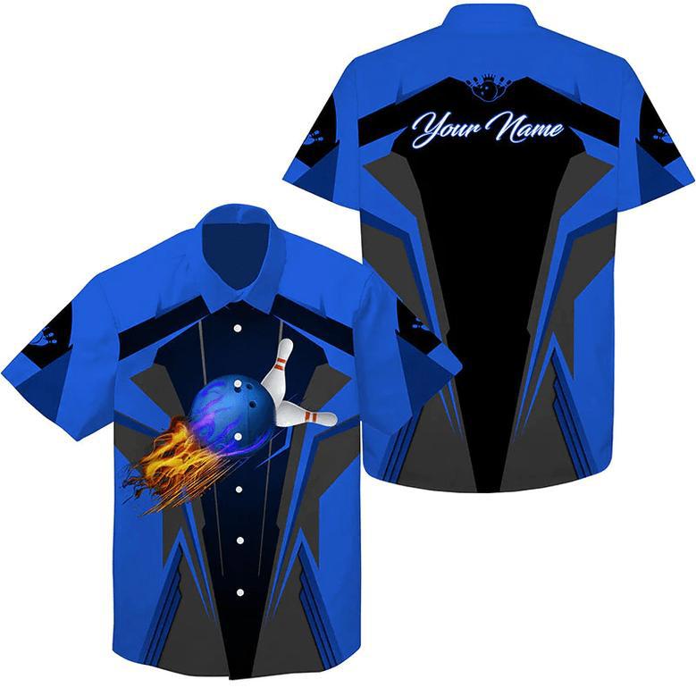 Personalized Hawaiian Bowling Shirts Flame Bowling Ball And Pins, Bowling Shirt For Men Bowlers Multicolor