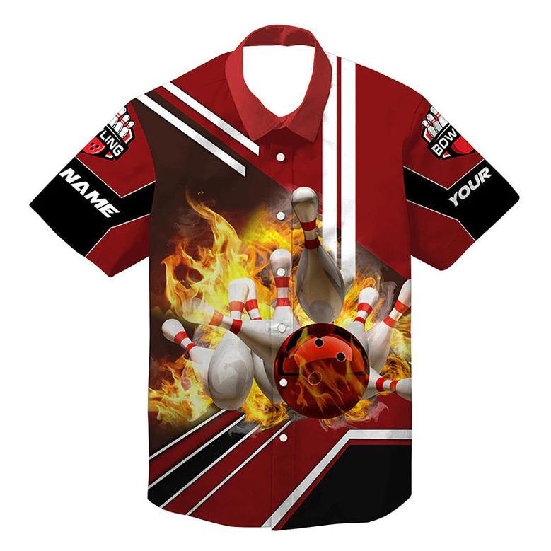 Personalized Hawaiian Bowling Shirts Flame Bowling Ball And Pins, Bowling Shirt For Men Bowlers Red