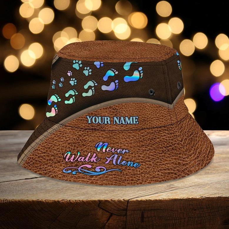 Personalized Leather Pattern Footprints and Pawprints Dog Bucket Hat, Never Walk Alone Dog Lovers Hat