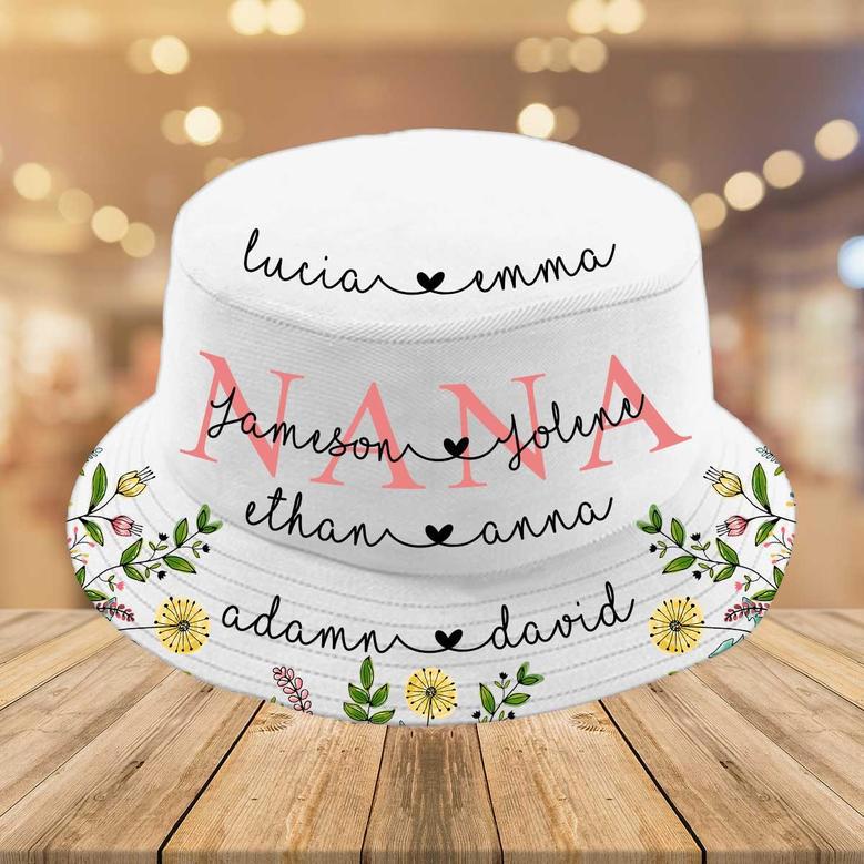 Personalized Mom Grandma Bucket Hat, Gift for Mother's Day, Mimi, Nana Wildflowers Bucket Hat for Her