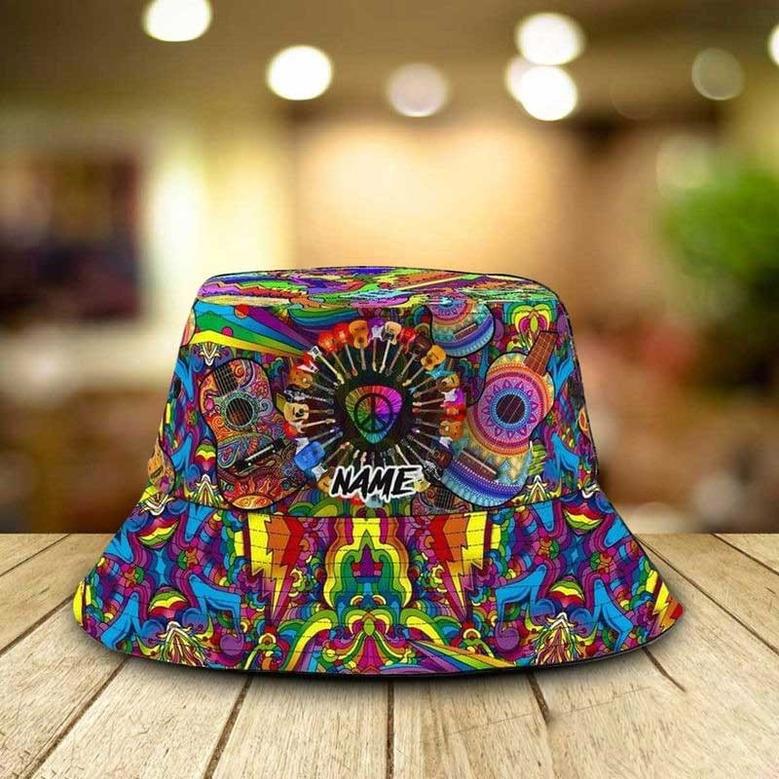 Personalized Name Collection Of Hippie Guitar Bucket Hat for Hippie Girl Hat