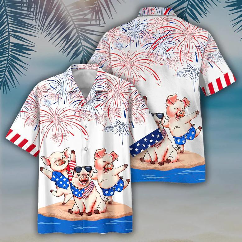 Pig's Full Print Hawaiian Shirts, Independence Day Is Coming, Happy Of July Pig Aloha Beach Shirt