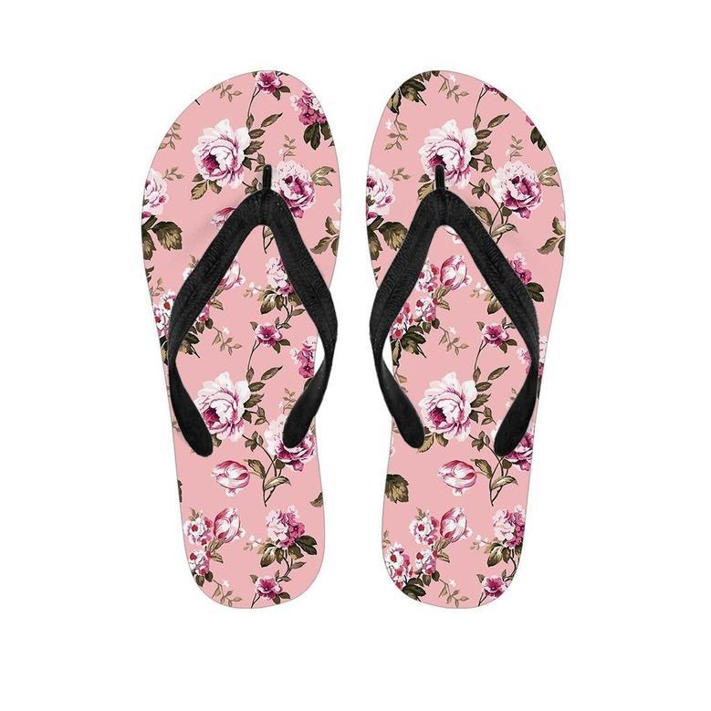 Pink Rose Floral Print Men's Flip Flops