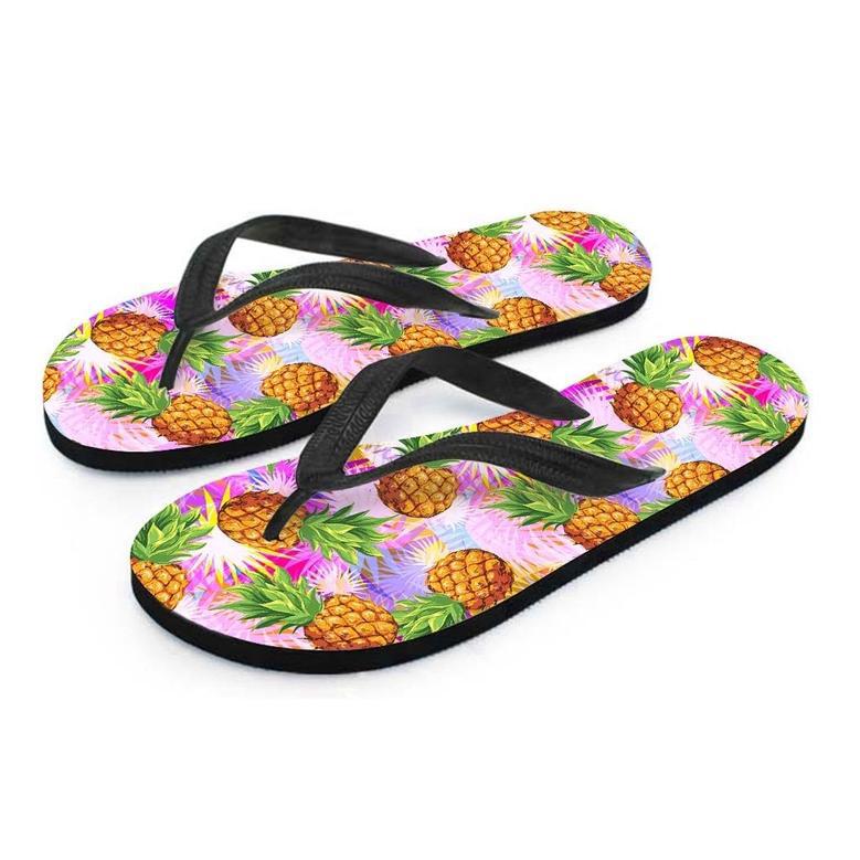 Purple Neon Pineapple Hawaiian Print Men's Flip Flops