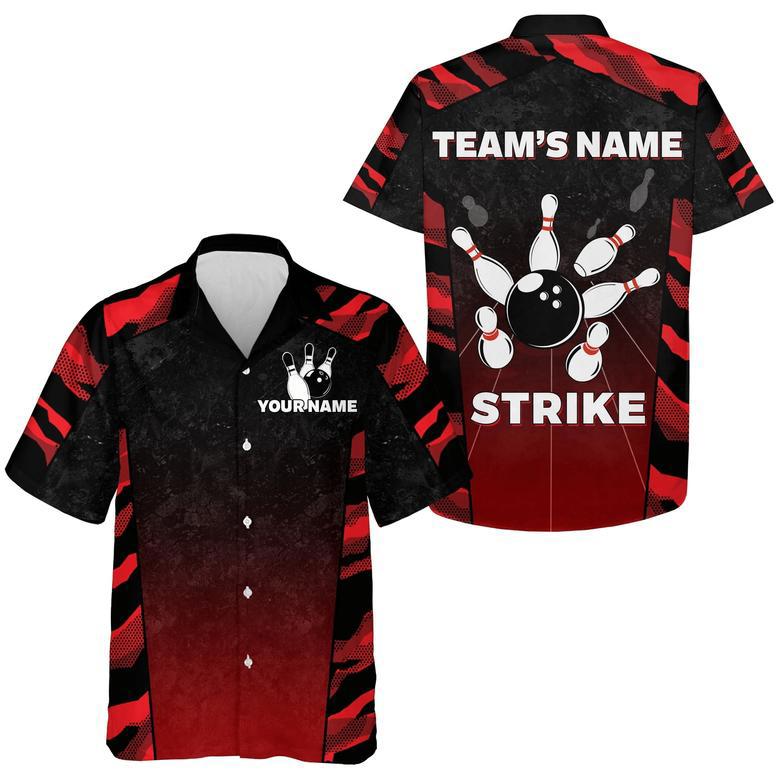 Red Camo Hawaiian Bowling Shirt For Men Custom Name Team Name Bowling Hawaiian Strike Bowling Shirt