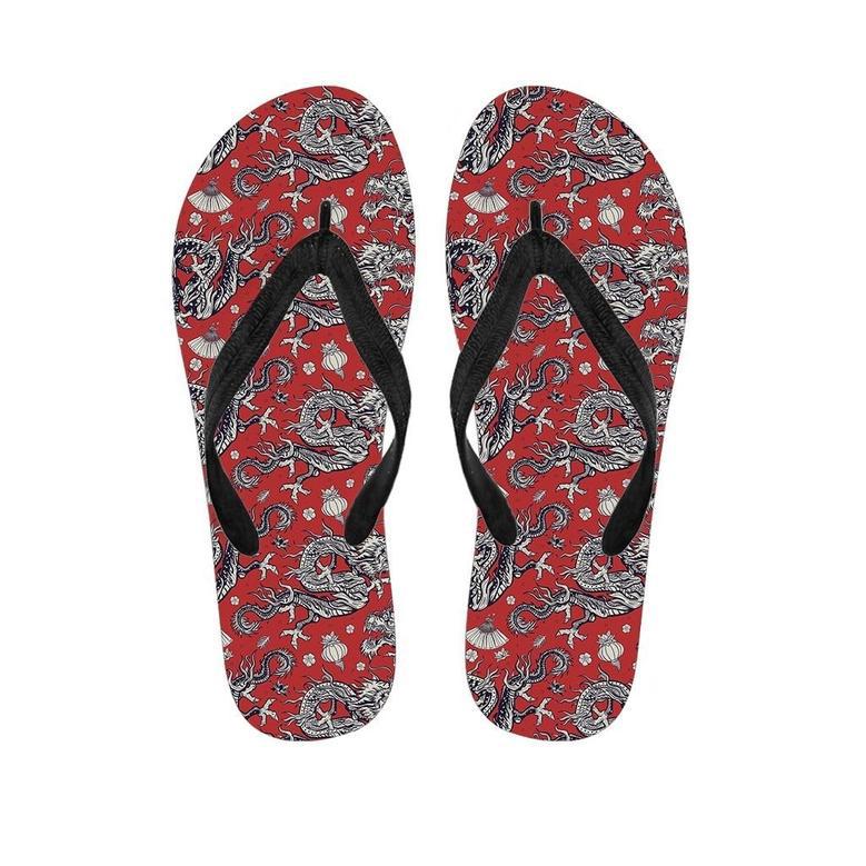 Red Chinese Dragon Floral Print Men's Flip Flops