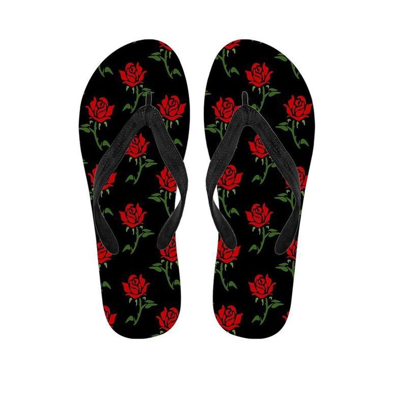 Red Doodle Rose Floral Men's Flip Flops