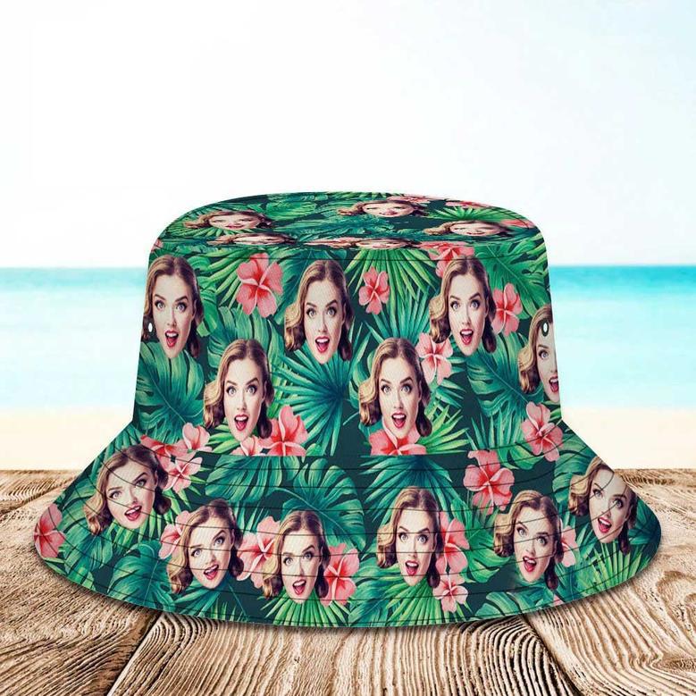 Red Flowers Tropical Hawaiian Custom Photo Bucket Hat for Women, Girl