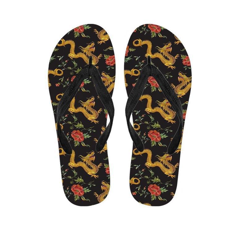 Rose Floral Golden Dragon Print Men's Flip Flops