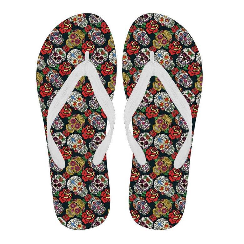 Rose Sugar Skull Skeleton Girly Floral Pattern Print Men & Women Flip Flops