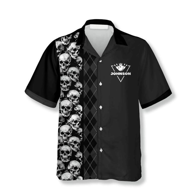 Skull Argyle Pattern Funny Quote Custom Bowling Hawaiian Shirt, Black Bowling Skull Shirt