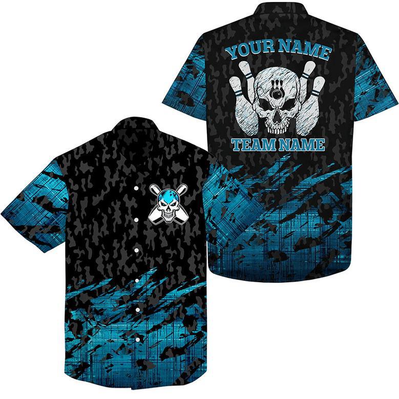 Skull Bowling Hawaiian Shirt Custom Name And Team Name Blue Bowling Skeleton, Team Bowling Shirts