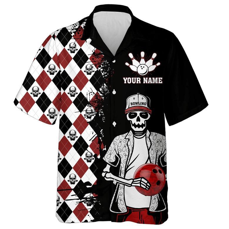 Skull Hawaiian Bowling Shirt Men Women Personalized Name Argyle Bowling Pattern Bowler Team